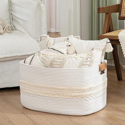 danpinera 108L Large Basket for Living Room, Boho Decorative Basket Organizing with Handles, Cotton Rope Storage for Toys, Pillows, Clothes, 25’’*16’’*16’’ White