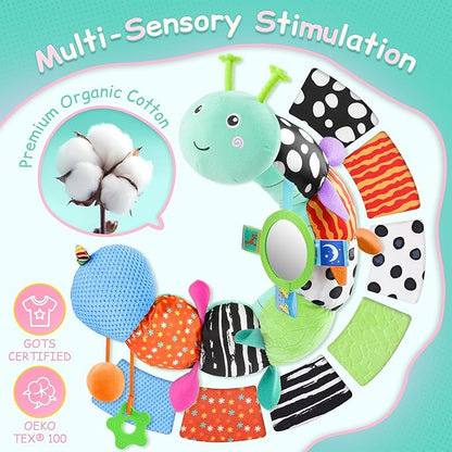 Baby Toys Sensory Musical Animal Stuffed Toy for Infant 0-3-6-12 Months Tummy Time Newborn, Plush Caterpillar with Mirror,Crinkle,Rattle Teething Toys for Baby Boys Girls Shower Gifts, Blue