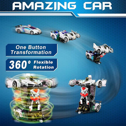 FDJ Transform Remote Control Car - Toys Car Robot with Shiny Sprayed Surface, One Button Deformation to Robot with Flashing Light, 2.4Ghz 1:18 Scale Transforming Police Car Kids Toys