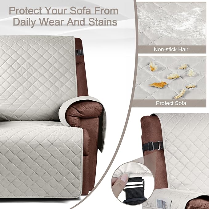 KinCam 100% Waterproof Recliner Chair Cover, Reclining Couch Covers for Pets, Dogs, Recliner Couch Slipcover Furniture Protector with Elastic Straps for Kids(23.6", Beige White)
