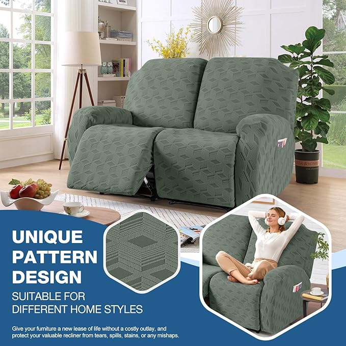 TAOCOCO Recliner Loveseat Cover, Stretch Jacquard Reclining Loveseat Cover Furniture Protector Sofa Slipcovers 2 Seat Recliner Covers with Elastic Bottom for Kids, Pets (Grey Green)
