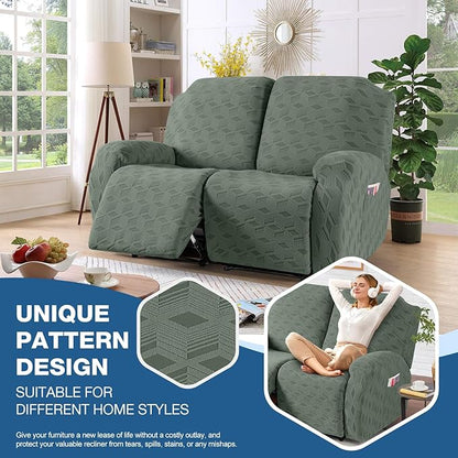 TAOCOCO Recliner Loveseat Cover, Stretch Jacquard Reclining Loveseat Cover Furniture Protector Sofa Slipcovers 2 Seat Recliner Covers with Elastic Bottom for Kids, Pets (Grey Green)