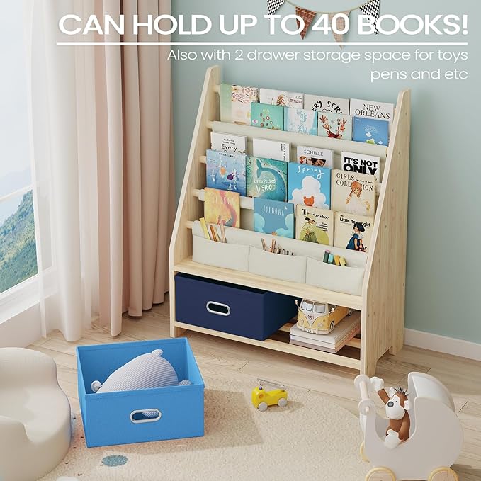 EXPERLAM 4 Tier Kids Book Shelf, Wooden Kids Book Rack Storage Bookshelf with Toy Storage Organizer, Toddler Sling Bookshelf for Boys, Girls, Kids Room, Blue