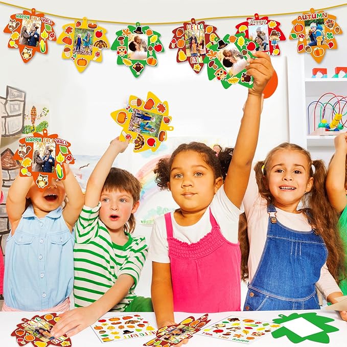 Qyeahkj 36 Sets Fall Thanksgiving Craft for Kids DIY Autumn Leaves Picture Frame Craft Kit with Easel Maple Leaf Fun Photo Frame Craft and Arts Kit for Home Class Kindergarten Party Art Activity
