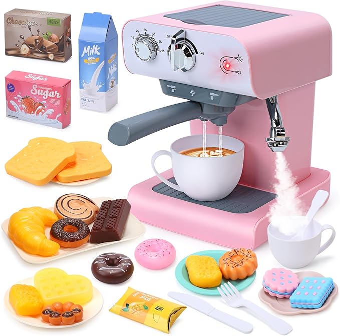 CUTE STONE Toy Coffee Set , Kids Coffee Maker Toy with Sound and Light, Realistic Steam, Play Kitchen Set with Play Food, Toddler Toy Kitchen Accessories for Girls Boys
