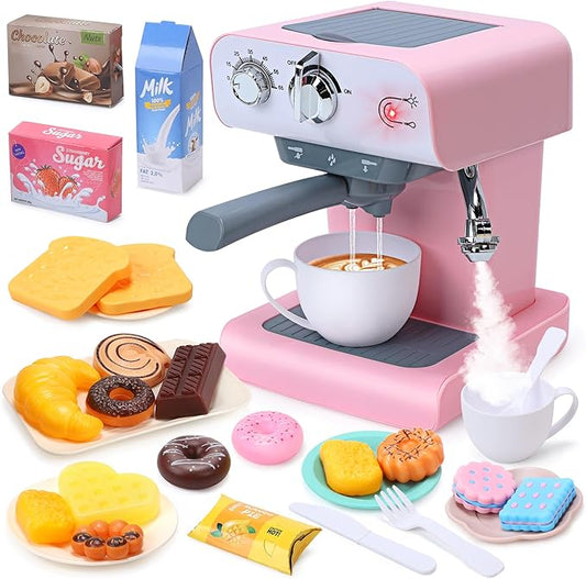 CUTE STONE Toy Coffee Set , Kids Coffee Maker Toy with Sound and Light, Realistic Steam, Play Kitchen Set with Play Food, Toddler Toy Kitchen Accessories for Girls Boys