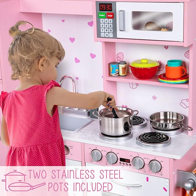 Lil' Jumbl Kids Kitchen Set, Pretend Wooden Play Kitchen, Battery Operated Icemaker & Microwave with Realistic Sound, Pots & Pan Included - Pink