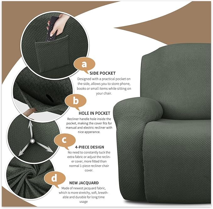 JIVINER 4-Piece Recliner Chair Covers Stretch Jacquard Covers for Recliner Chair Recliner Slipcovers for Living Room Soft Recliner Protector with Pocket (Recliner, Army Green)