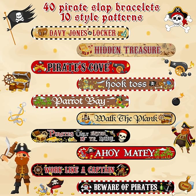 Junkin 40 Pieces Slap Bracelets for Kids Pirate Slap Bracelets for Party Favors Supplies Snap Bracelets Wristband School Prizes Birthday Exchanging Gifts Goodies Gadget Bulk