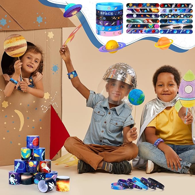 48 Pcs Outer Space Party Favors 24 Space Slap Bracelets 24 Silicone Wristbands Galaxy Astronaut Bracelets Bulk for Kids Classroom Rewards Stars Solar System Planet Birthday Party Supplies