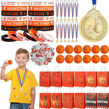 98 Pcs Basketball Party Favors Set for Kid Boy Basketball Team Gift Bulk 12 Basketball Medals 12 Paper Gift Goodie Bag 12 Foam Basketball 50 Stickers 12 Wristband for Classroom Reward Prizes Birthday