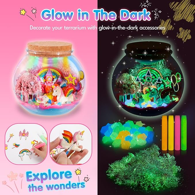 Unicorn Terrarium Kit for Kids - Arts & Crafts Activities Sets With Glow in The Dark Painting - DIY Unicorn Toys Birthday Gifts for Girls Age 5, 6, 7, 8, 9, 10, 11 & 12 Year Old(Unicorn Terrarium)