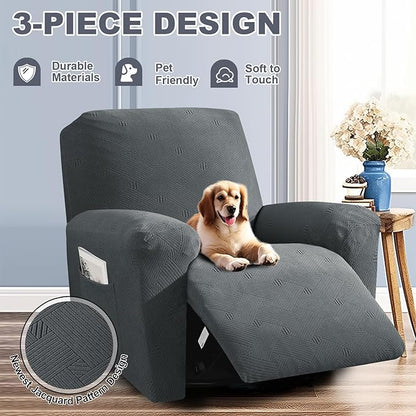 JIVINER Recliner Chair Covers 3 Pieces Lazy Boy Covers for Recliner with Pockets, Washable Reclining Slip Cover Stay in Place Stretch Sofa Furniture Protector for Kids, Pets (Recliner, Dark Gray)