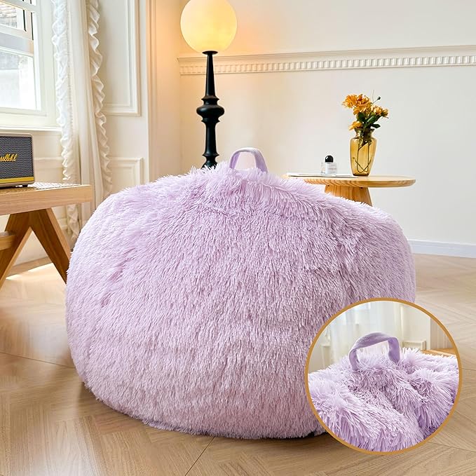 XeGe Faux Fur Comfy Bean Bag Cover for Living Room(No Filler), Fluffy Stuffed Animal Storage Bean Bag Chair Cover Light Purple, Furry Fuzzy Bean Bag Cover for Adults Kids Girls, Anti-Slip, Lavender