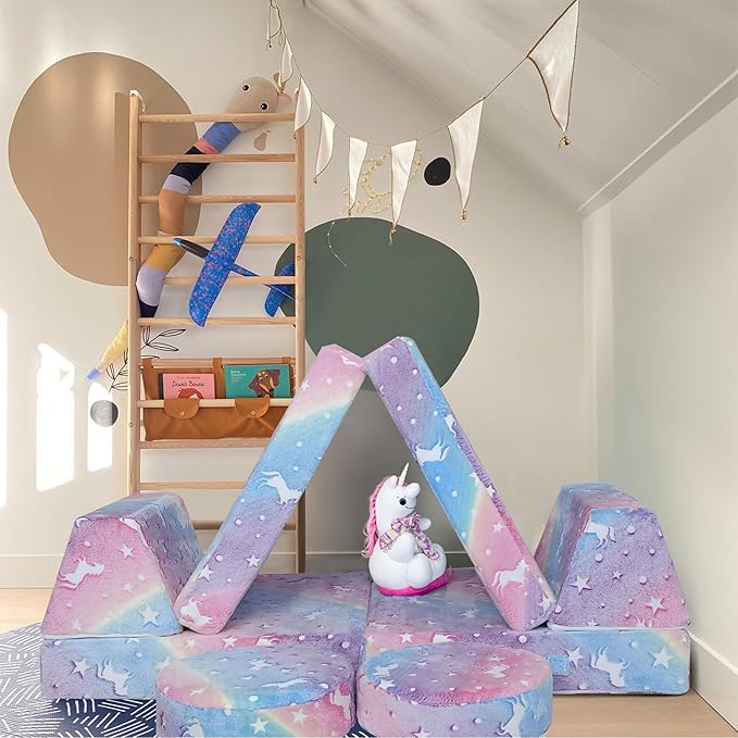 MeMoreCool Modular Glow Sofa for Kids, 8-Piece Convertible Foam Couch Play Set with Unicorn, Rainbow, and Star Pattern for Toddlers and Playroom