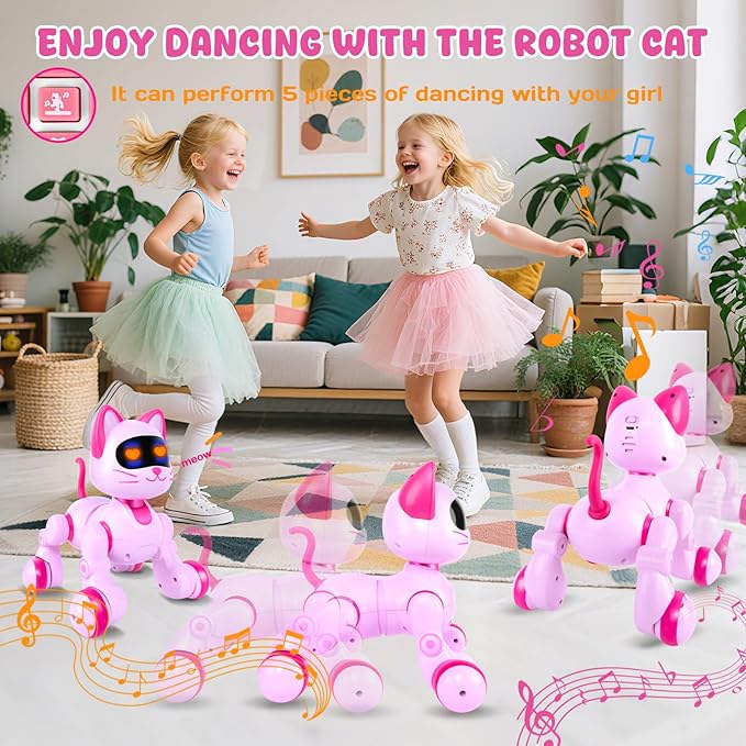 Robot Cat Interactive Toys for Girls: Remote Control Electronic Pink Kitty Pet for Kids Age 3-5 4-6 Gifts for 3 4 5 6 7 8 Year Old Girls RC Toys with Touch Sensing Gestures Birthday Gift Ideas