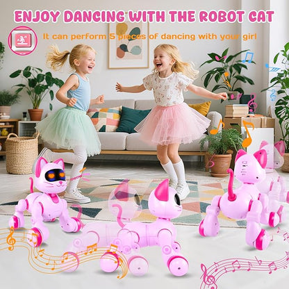 Robot Cat Interactive Toys for Girls: Remote Control Electronic Pink Kitty Pet for Kids Age 3-5 4-6 Gifts for 3 4 5 6 7 8 Year Old Girls RC Toys with Touch Sensing Gestures Birthday Gift Ideas