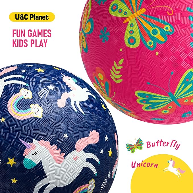 U&C Planet Playground Balls for Toddlers 1-3, 2 Pack 6 inch 8.5 inch Kickball for Kids Outdoor Indoor, Catoon Rubber Balls with Pump, Child Gift for Boys Girls 1-3 3-5 5-10