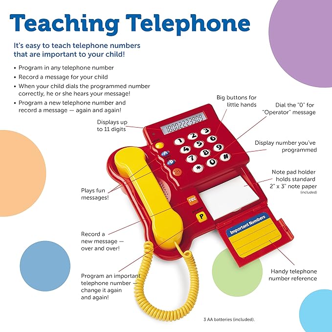Learning Resources Teaching Telephone - 1 Piece, Ages 3+ Toddler Learning Toys, Pretend Play Telephone, Toy Telephone, Phone for Kids, Pre-Recorded Greetings, Develops Memory Skills