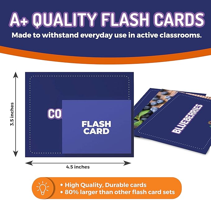 50 Food Double Sided Flash Cards - Nutritious Fruits, Heathly Vegetables, Yummy Desserts & Snacks - Educational Learning Picture Cards for Kids, Adults, Speech Therapy, ESL, ABA, Autism, Dementia