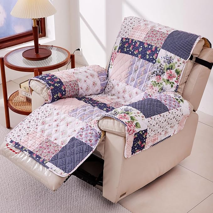 EVENHUG Recliner Sofa Cover Patchwork Floral Sofa Slipcover Washable Couch Cover for Reclining Couch Furniture Protector Cover with Elastic Straps for Pets Kids Dog Cat (Recliner,Purple)