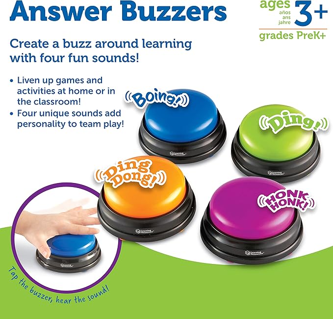 Learning Resources Answer Buzzers - Set of 4, Ages 3+, Assorted Colored Buzzers, Game Show Buzzers, Perfect for Family Game and Trivia Nights, for Kids