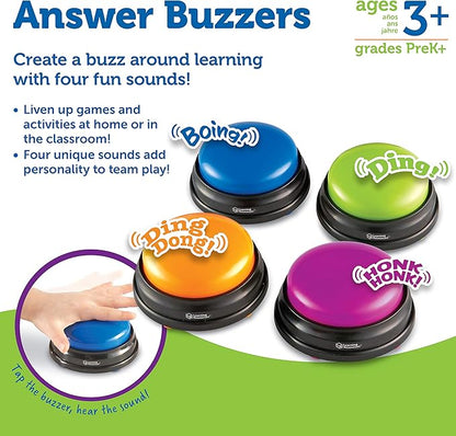 Learning Resources Answer Buzzers - Set of 4, Ages 3+, Assorted Colored Buzzers, Game Show Buzzers, Perfect for Family Game and Trivia Nights, for Kids