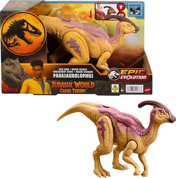 Mattel Jurassic World Wild Roar Dinosaur Action Figure, Parasaurolophus with Glowing Spine Reveal Lights & Sound, Posable Toy with Digital Play