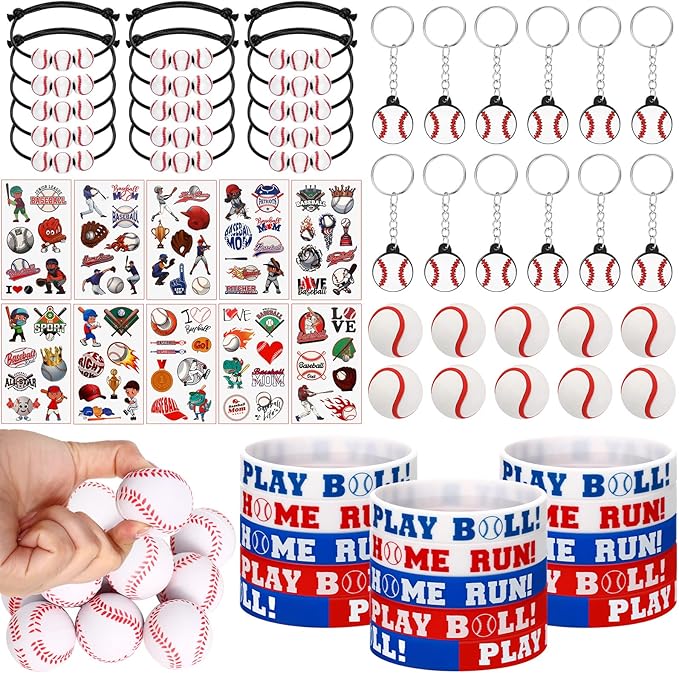 Aoriher Baseball Sport Party Favors for Kids, 15 Sets Sport Goodie Silicone Sport Bracelets Mini Stress Ball Keychain Temporary Tattoo Sticker Eraser for Sport Birthday Party Supplies Total 85 Pcs