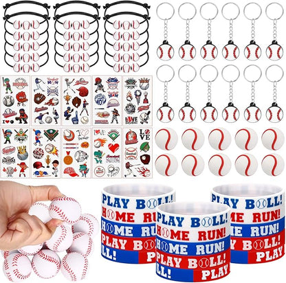 Aoriher Baseball Sport Party Favors for Kids, 15 Sets Sport Goodie Silicone Sport Bracelets Mini Stress Ball Keychain Temporary Tattoo Sticker Eraser for Sport Birthday Party Supplies Total 85 Pcs