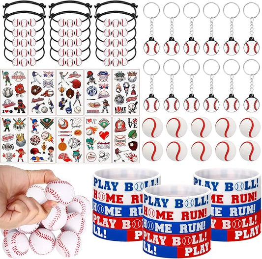 Aoriher Baseball Sport Party Favors for Kids, 15 Sets Sport Goodie Silicone Sport Bracelets Mini Stress Ball Keychain Temporary Tattoo Sticker Eraser for Sport Birthday Party Supplies Total 85 Pcs