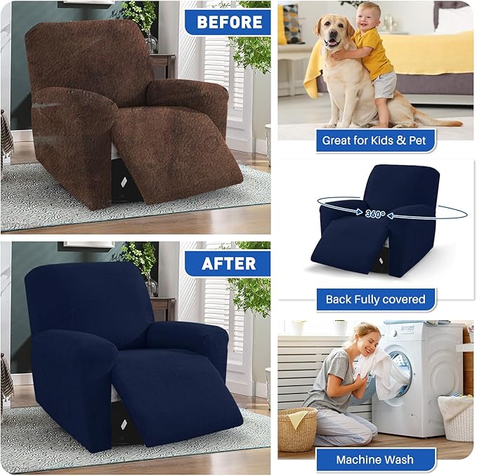 MAXIJIN Waterproof Recliner Covers for Large Recliner 3 Pieces Oversized Recliner Chair Covers, Washable Lazy Boy Reclining Slipcovers with Pockets for Pet, Kids (XL Recliner, Navy Blue)