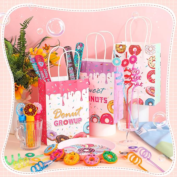 110 Pcs Donut Party Favors Include 12 Mini Donut Bubble Wands 12 Straws 12 Keychains 12 Donut Party Bags 12 Snap Bracelets 50 Stickers for Doughnut Birthday Party Gift Goodie Bag Fillers