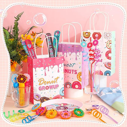 110 Pcs Donut Party Favors Include 12 Mini Donut Bubble Wands 12 Straws 12 Keychains 12 Donut Party Bags 12 Snap Bracelets 50 Stickers for Doughnut Birthday Party Gift Goodie Bag Fillers