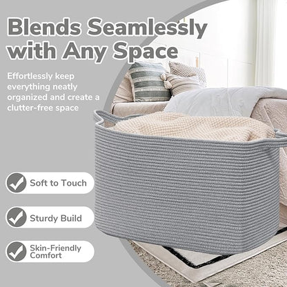 Goodpick 105L Extra Large Blanket Basket 25" x 16" x 16" Cotton Rope Storage Bins for Dirty Clothes, Rectangle Woven Laundry Basket for Living Room Bedroom, Toy Storage Baskets for Kids, Gray