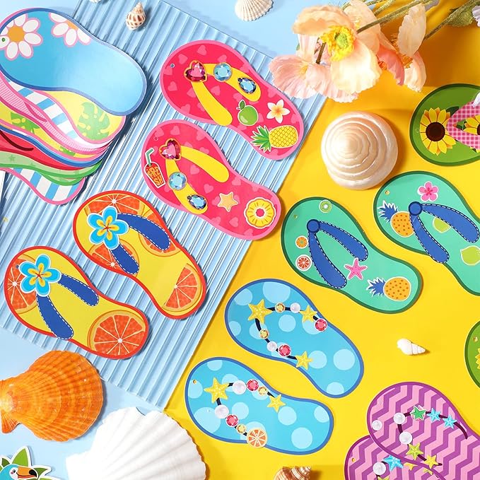 Harloon 48 Set Flip Flop Craft Kits for Kids Summer DIY Flip Flop Sticker Art Craft Set Preschool Craft Kits Kids DIY Flip Flop Art Craft for Summer Hawaiian Party Classroom Home Game Activities Favor