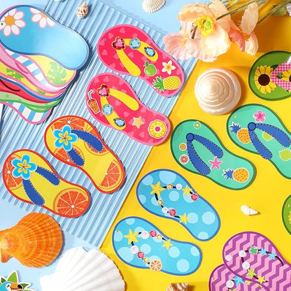 Harloon 48 Set Flip Flop Craft Kits for Kids Summer DIY Flip Flop Sticker Art Craft Set Preschool Craft Kits Kids DIY Flip Flop Art Craft for Summer Hawaiian Party Classroom Home Game Activities Favor