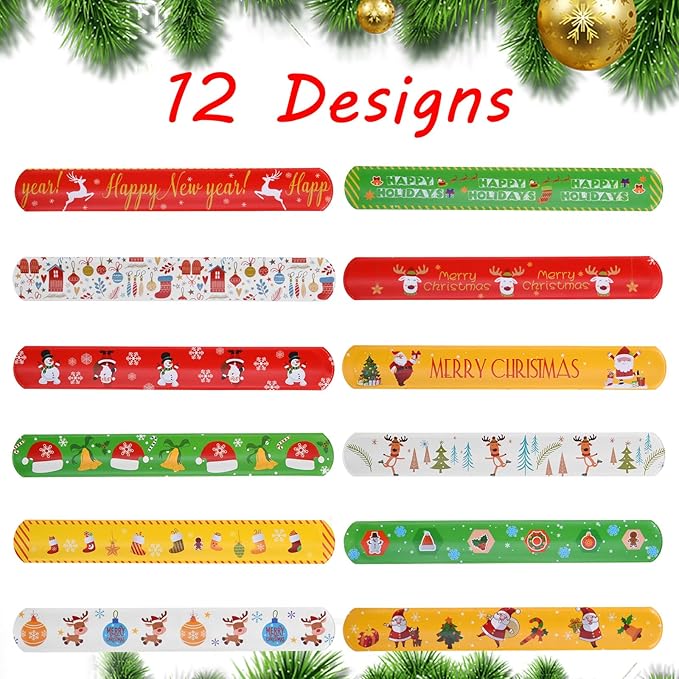 48PCS Christmas Slap Bracelets bulk ，holiday christmas slap bracelet trinkets for kids school class classroom students ，goody goodies bag stocking stuffers gifts toys xmas Favor gift