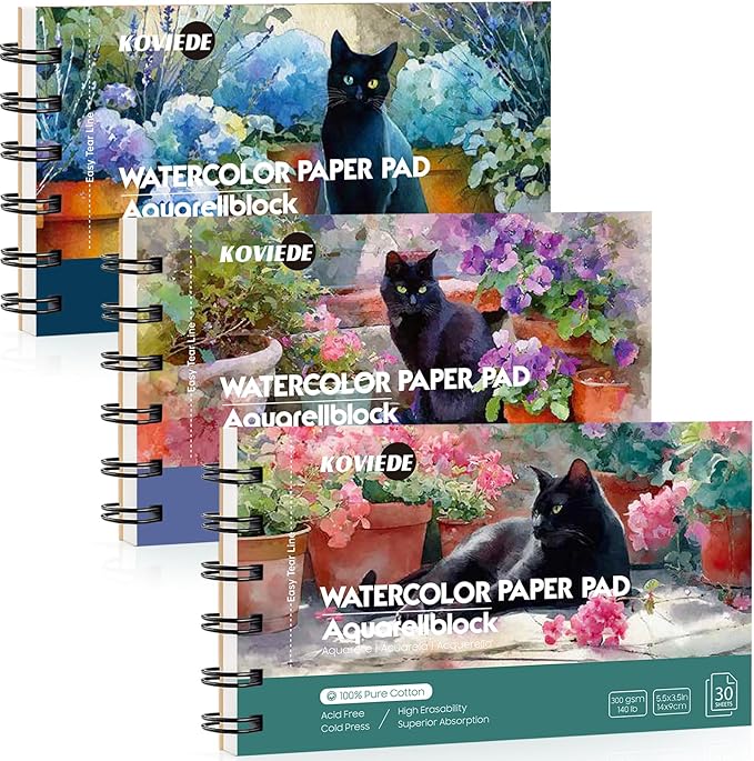 KOVIEDE 100% Cotton Watercolor Paper Pad 3 Pack (90 Sheets) Cold Press 140lb/300gsm Spiral Bound Watercolor Sketchbook, Artist Quality Art Journal Supplies (Cat-3 Pack, 3.5"x5.5")