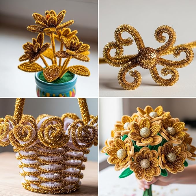 Caydo 200 Pieces Glitter Golden Pipe Cleaners, Thick Fluffy Chenille Stems, Pipe Cleaner Crafts for Arts & Crafts, Perfect for Making Animals, Flowers, and Mother's Day Decorations