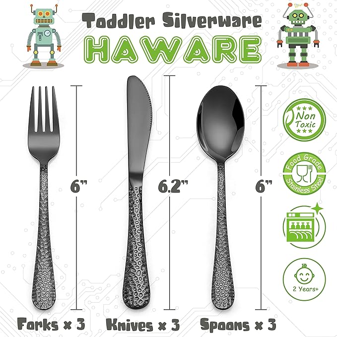 HaWare 9-Piece Toddler Kids Silverware Set, Stainless Steel Hammered Flatware, Preschooler Eating Utensils Includes 3 Spoons 3 Forks 3 Knives, Metal Children Cutlery for Home School, Mirror Finished