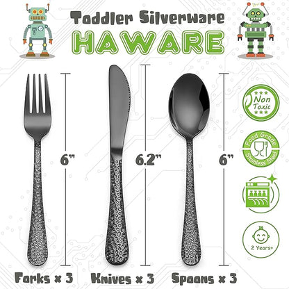 HaWare 9-Piece Toddler Kids Silverware Set, Stainless Steel Hammered Flatware, Preschooler Eating Utensils Includes 3 Spoons 3 Forks 3 Knives, Metal Children Cutlery for Home School, Mirror Finished