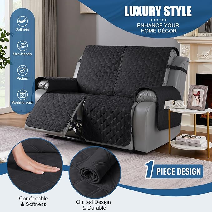 TAOCOCO 100% Waterproof Recliner Covers, Recliner Sofa Covers with Leg Straps, Reversible Recliner Couch Cover for Reclining Chair, Washable Couch Protector for Pets Kids(2 Seater, Black)