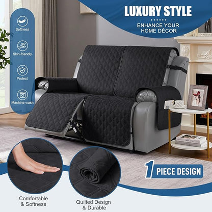 TAOCOCO 100% Waterproof Recliner Covers, Recliner Sofa Covers with Leg Straps, Reversible Recliner Couch Cover for Reclining Chair, Washable Couch Protector for Pets Kids(2 Seater, Black)