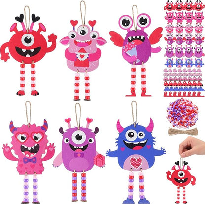 24 Sets Valentine's Day Crafts Monster Sign Crafts with Beads Make Your Own Monster Wood Ornament DIY Craft Art Kit for Holiday Party Favors Activities Decor Gift Exchange