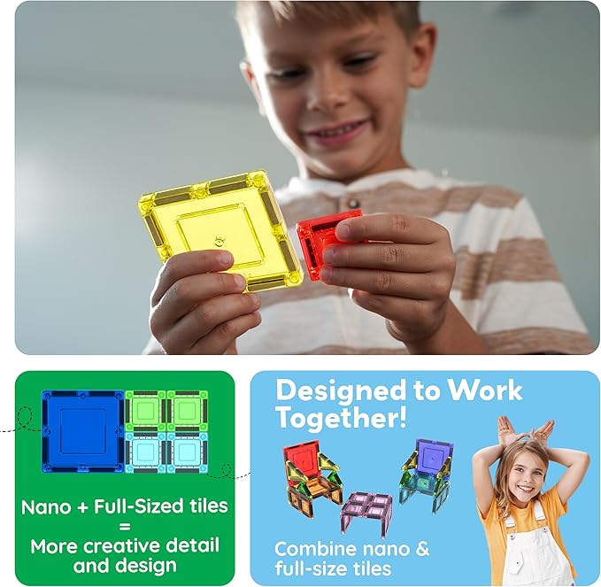 PicassoTiles Nano Tiles Magnetic Building Construction Set with Tin Storage Case Compact Colorful Mini Travel Magnet Tile Playset STEM Educational Learning Classroom Toy Blocks Kids Ages 3+ PN11