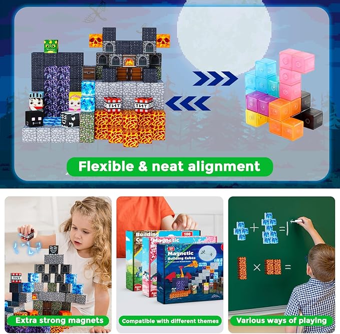 Annexfun Magnetic Blocks - 100PCS Build Magnetic Dark Mechanical Guardian Castle - Magnetics Toys for Montessori Toddler Christmas Birthday Gifts - STEM Sensory Toys for 3 4 5 6 7 8 9 10 Year Old Boys