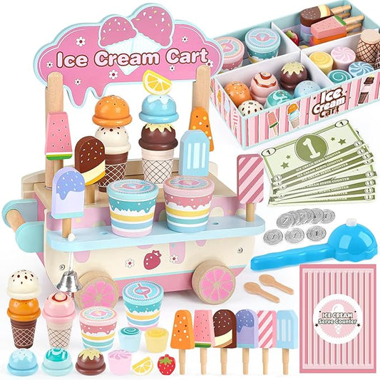 Dreamon Wooden Ice Cream Toys for Kids Toddlers, 48 PCS Ice Cream Cart Play Kitchen Accessories with Menu, Pretend Money, Wooden Ice Cream Shop Play Food Sets for 3 4 5 6 Year Old Girls Boys Gifts