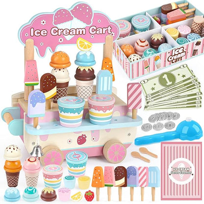 Dreamon Wooden Ice Cream Toys for Kids Toddlers, 48 PCS Ice Cream Cart Play Kitchen Accessories with Menu, Pretend Money, Wooden Ice Cream Shop Play Food Sets for 3 4 5 6 Year Old Girls Boys Gifts