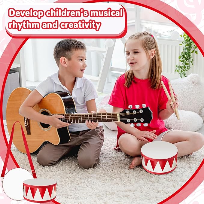 Kids Drum Set 7.87 in Wooden Toy Drum with Adjustable Strap 2 Drumsticks Educational Sensory Musical Instrument Set for Toddlers Kids Baby Toy Gift(Red Triangle Style)